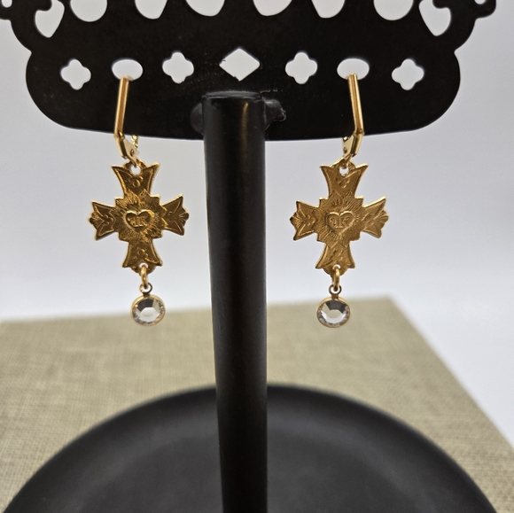 Elegant Gold CrossDrop Earrings - Picture 3 of 3